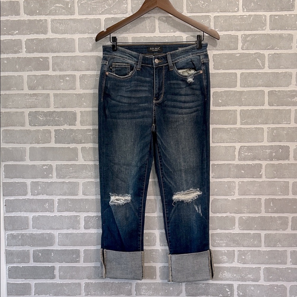 Judy Blue Dark Blue Distressed Straight Leg Jeans Womens Size 7/28 NWOT - Picture 2 of 15